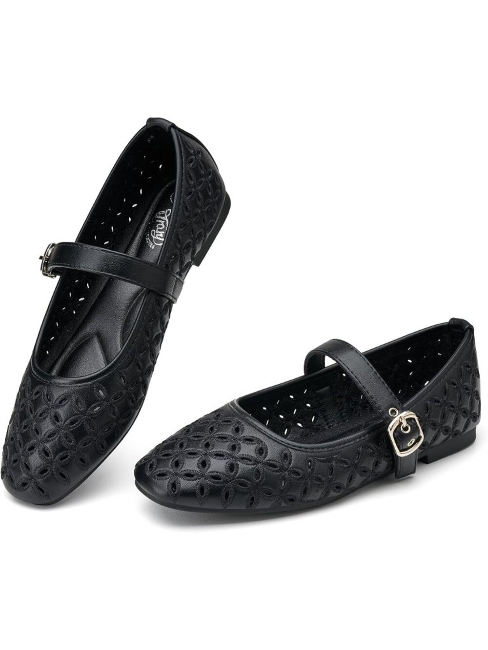 Women's Black Mary Jane Hollow Flats Round Toe Ankle Strap Comfortable Shoes